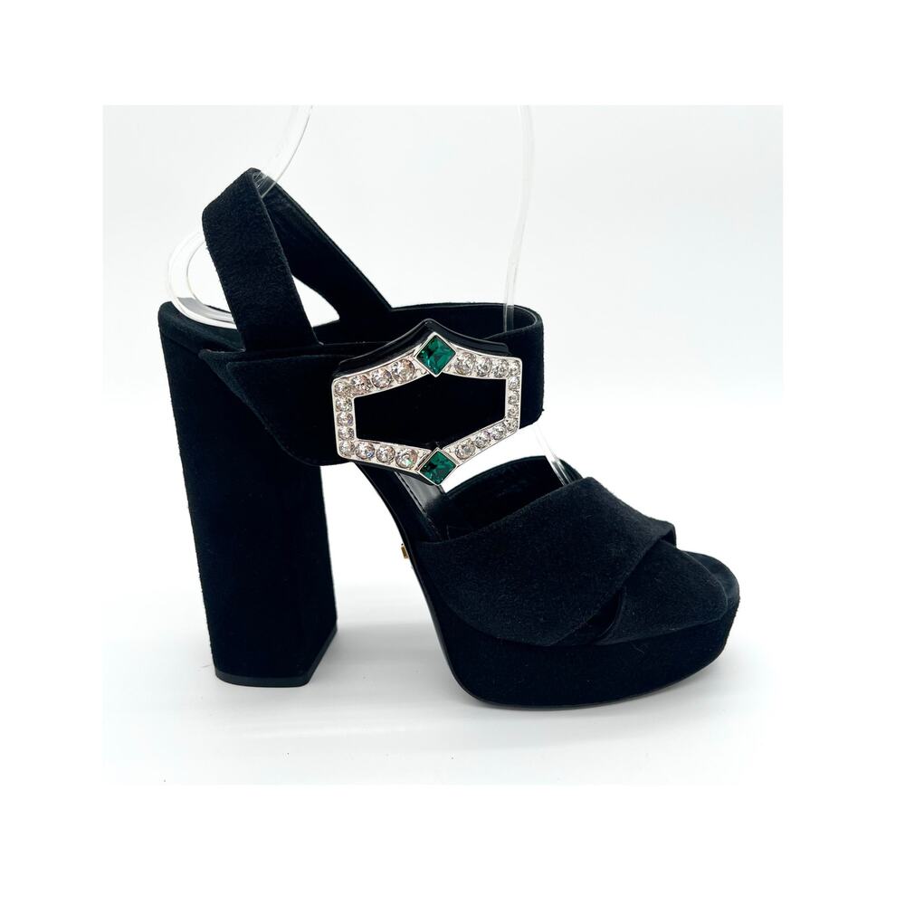 Prada Black Suede Crystal Chunky Criss Cross Block Heel Platform Sandals IT 37.5